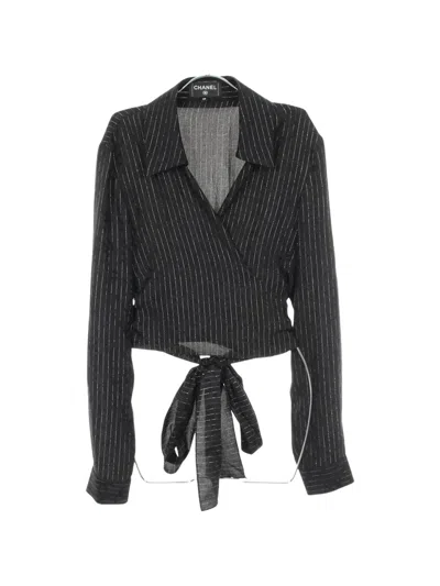 Pre-owned Chanel 1986-1988 Coco Mark Striped Silk Blouse In Black