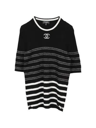 Pre-owned Chanel 1986-1988 Coco Mark Striped Sweater In Black