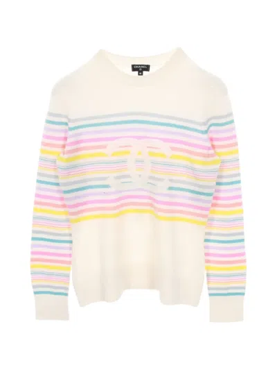Pre-owned Chanel 1986-1988 Coco Mark Striped Sweater In Neutral