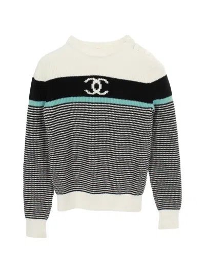 Pre-owned Chanel 1986-1988 Coco Mark Striped Sweater In White