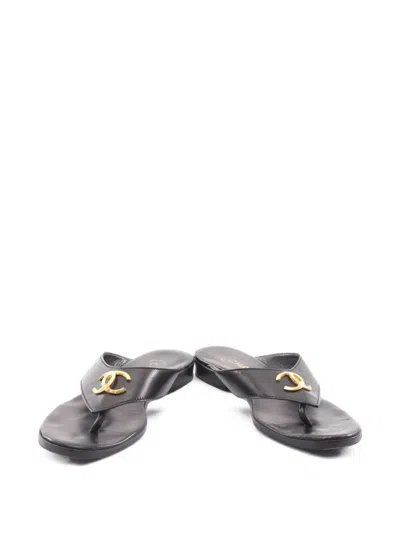 Pre-owned Chanel 1986-1988 Coco Mark Thong Flat Sandals In Black