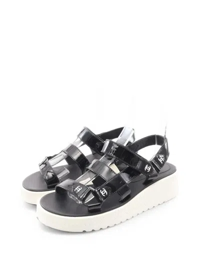 Pre-owned Chanel 1986-1988 Coco Mark Touch-strap Sandals In Black