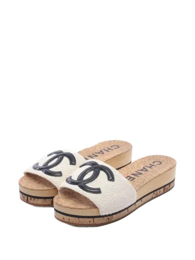 Pre-owned Chanel 1986-1988 Coco Mark Tweed Sandals In Neutral