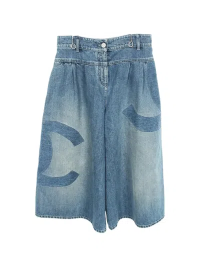 Pre-owned Chanel 1986-1988 Coco Mark Wide-leg Cropped Jeans In Blue