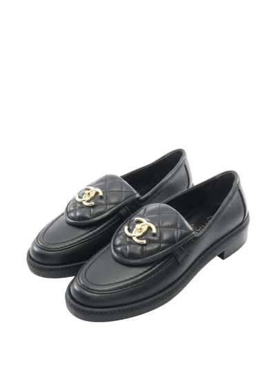 Pre-owned Chanel 1986-1988 Diamond-quilted Turn-lock Loafers In Black
