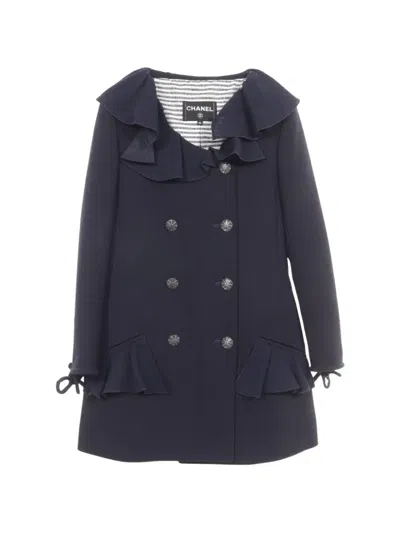 Pre-owned Chanel 1986-1988 Double-breasted Frill Coat In Blue