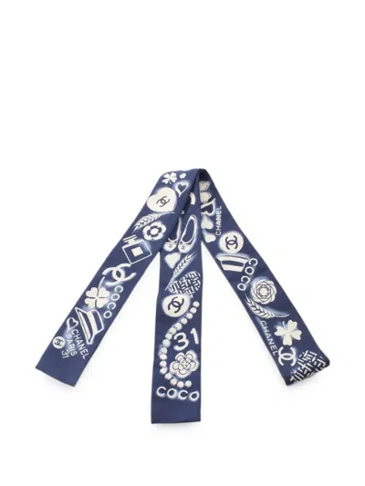 Pre-owned Chanel 1986-1988 Icon Silk Scarf In Blue