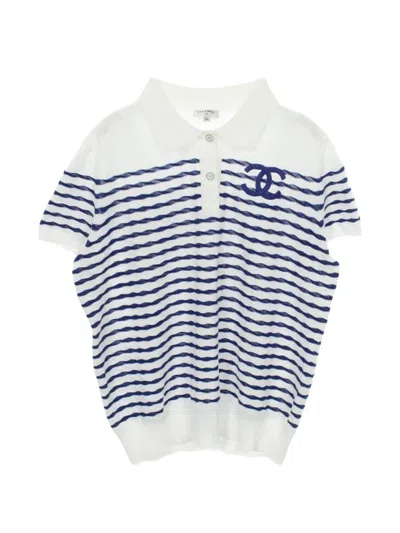 Pre-owned Chanel 1986-1988 Interlocking Cc Striped Polo Shirt In White