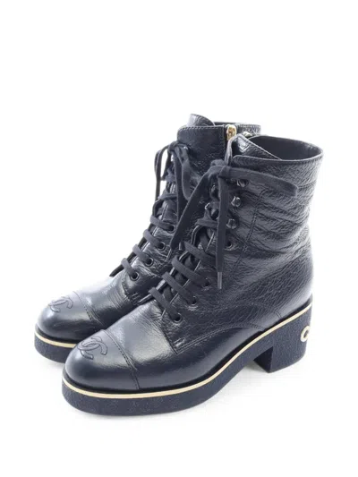 Pre-owned Chanel 1986-1988 Lace-up Ankle Boots In Blue
