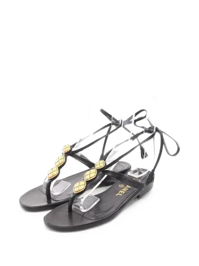 Pre-owned Chanel 1986-1988 Lace-up Flat Sandals In Black