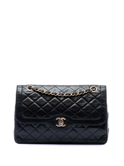 Pre-owned Chanel 1986-1988 Limited Edition Paris Quilted Lambskin Double Flap Shoulder Bag In Black
