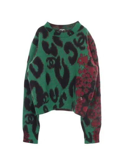 Pre-owned Chanel 1986-1988 Logo-detail Animal-print Sweater In Green