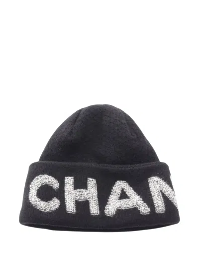 Pre-owned Chanel 1986-1988 Logo-knit Beanie Hat In Black