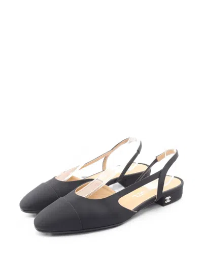 Pre-owned Chanel 1986-1988 Logo-plaque Slingback Ballet Flats In Black