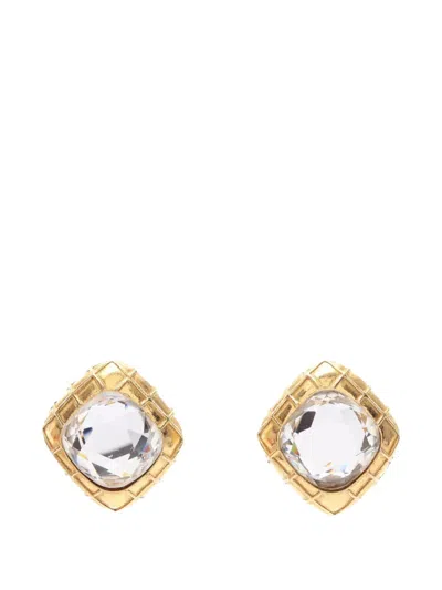 Pre-owned Chanel 1986-1988 Matelassé Rhinestone Earrings In Gold