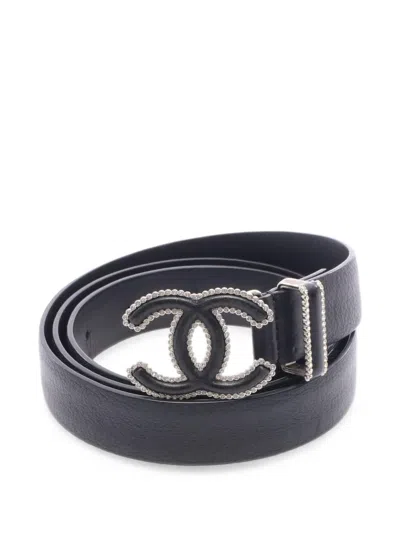 Pre-owned Chanel 1986-1988 Rhinestone Logo-plaque Belt In Black