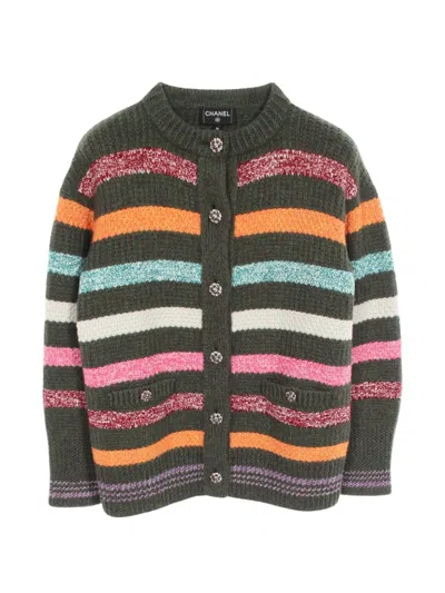 Pre-owned Chanel 1986-1988 Striped Bijou-button Cardigan In Green