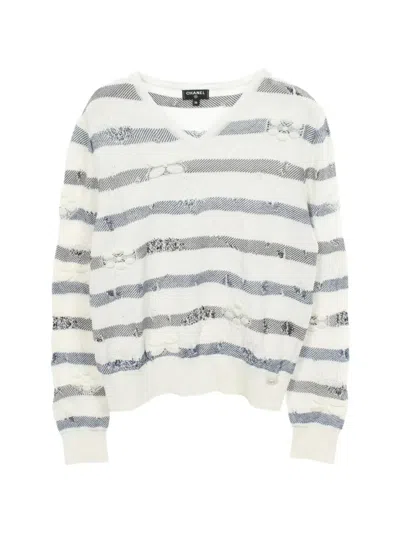 Pre-owned Chanel 1986-1988 Striped Jacquard Sweater In White