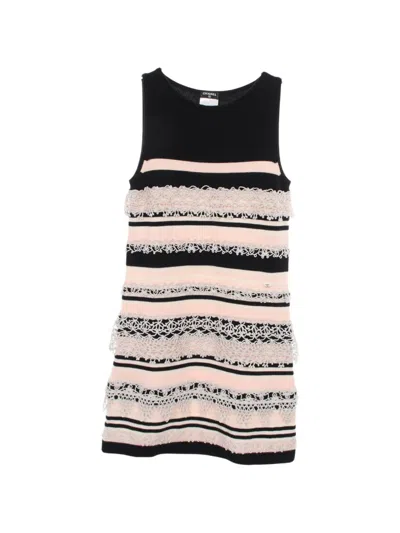 Pre-owned Chanel 1986-1988 Striped Mini Dress In Black
