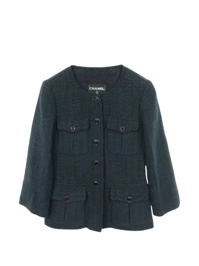 Pre-owned Chanel 1986-1988 Tweed Collarless Jacket In Blue
