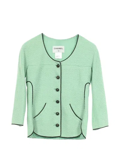 Pre-owned Chanel 1986-1988 Tweed Collarless Jacket In Green