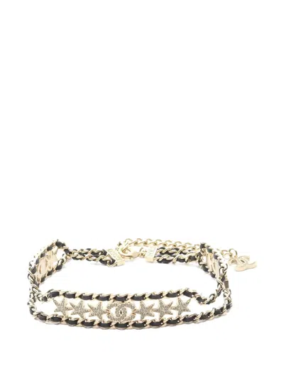 Pre-owned Chanel 1986-1988s Cc Crystal Star Leather Choker Necklace In Gold