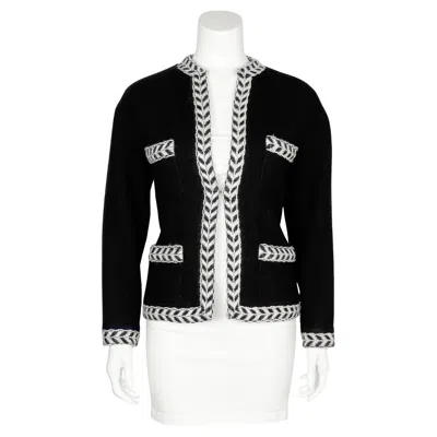 Pre-owned Chanel 1987  Spring Summer Black And White Wool Jacket With Herringbone Trim