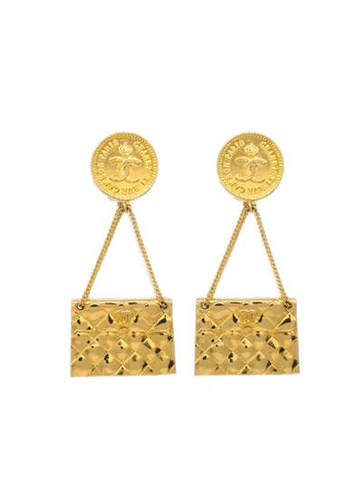 Pre-owned Chanel 1988 Bag Clip-on Dangle Earrings In Gold