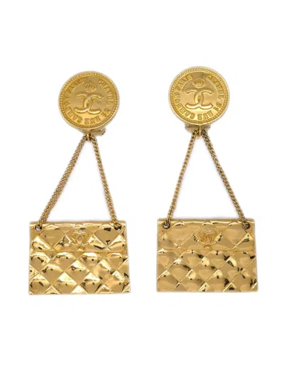 Pre-owned Chanel 1988 Bag Motif Clip-on Drop Earrings In Gold