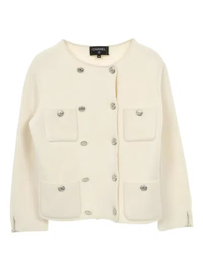 Pre-owned Chanel 1988 Coco Mark Rhinestone Button Knitted Jacket In Neutral