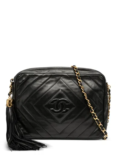 Pre-owned Chanel 1989-1991 Cc Chevron Quilted Lambskin Tassel Camera Case Crossbody Bag In Black