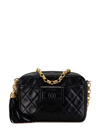 Pre-owned Chanel 1989-1991 Cc Quilted Lambskin Tassel Camera Crossbody Bag In Black