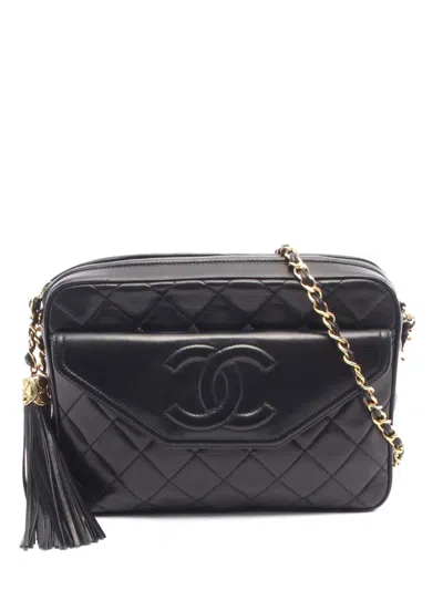 Pre-owned Chanel 1989-1991 Cc Quilted Lambskin Tassel Flap Camera Bag Crossbody Bag In Black