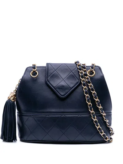 Pre-owned Chanel 1989-1991 Cc Quilted Lambskin Tassel Flap Crossbody Bag In Blue