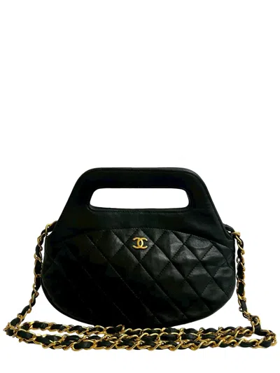 Pre-owned Chanel 1989-1991 Cc Quilted Lambskin Top Handle Round Frame Bag Satchel In Black