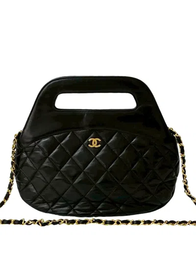 Pre-owned Chanel 1989-1991 Cc Quilted Lambskin Top Handles Frame Bag Satchel In Black