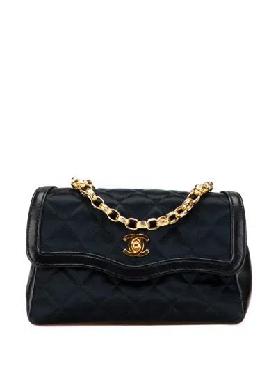 Pre-owned Chanel 1989-1991 Cc Quilted Satin Bijoux Chain Single Flap Crossbody Bag In Black