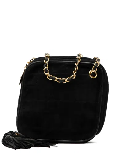 Pre-owned Chanel 1989-1991 Cc Quilted Suede Diamon Tassel Bag Crossbody Bag In Black