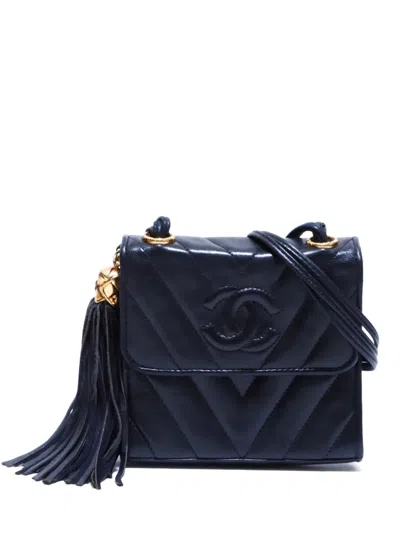 Pre-owned Chanel 1989-1991 Chevron Cc-stitch Flap Shoulder Bag In Black