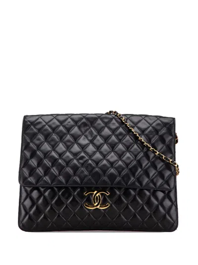 Pre-owned Chanel 1989-1991 Jumbo Xl Quilted Lambskin Clutch With Chain Crossbody Bag In Blue