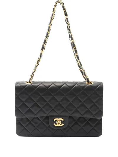 Pre-owned Chanel 1989-1991 Matelassé Double Flap Chain Shoulder Bag In Black