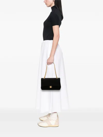 Pre-owned Chanel 1989-1991 Medium Classic Jersey Double Flap Shoulder Bag In Black