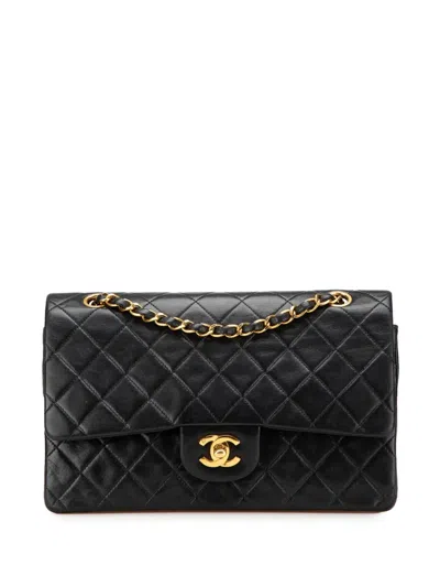 Pre-owned Chanel 1989-1991 Medium Classic Lambskin Double Flap Shoulder Bag In Black