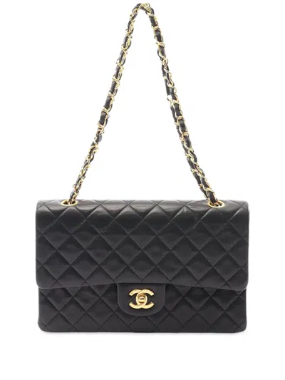 Pre-owned Chanel 1989-1991 Medium Classic Quilted Lambskin Double Flap Shoulder Bag In Black