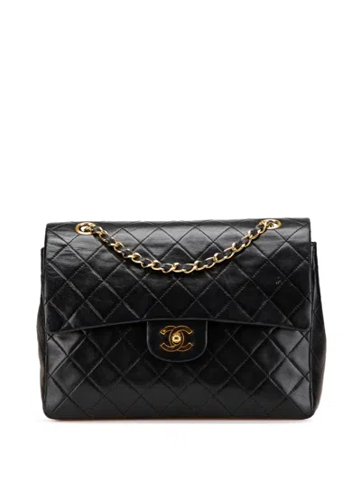 Pre-owned Chanel 1989-1991 Medium Tall Classic Lambskin Double Flap Shoulder Bag In Black