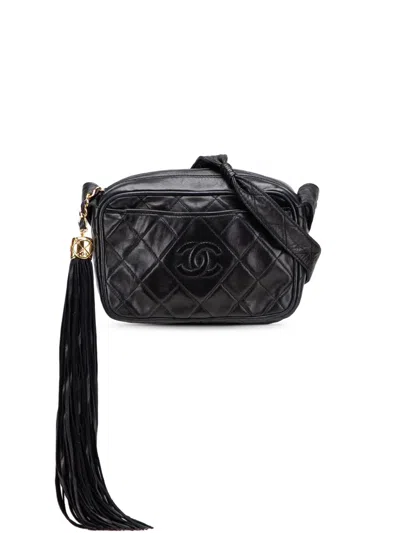 Pre-owned Chanel 1989-1991 Mini Cc Diamond Quilted Lambskin Tassel Camera Bag Crossbody Bag In Black