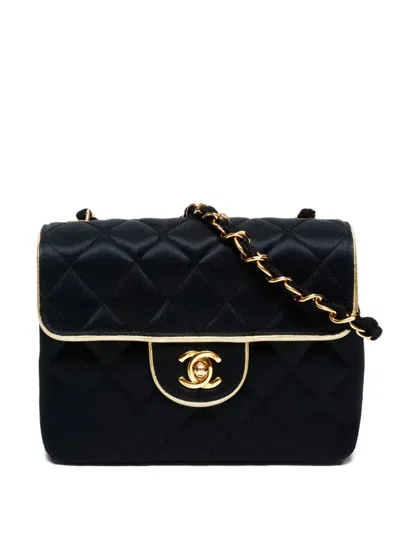 Pre-owned Chanel 1989-1991 Mini Classic Flap Quilted Satin Shoulder Bag In Black