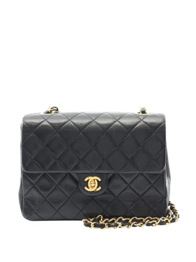 Pre-owned Chanel 1989-1991 Mini Quilted Lambskin Square Single Flap Shoulder Bag In Black