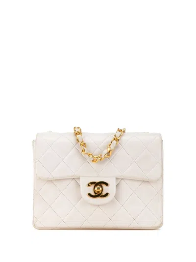 Pre-owned Chanel 1989-1991 Mini Square Classic Lambskin Single Flap Crossbody Bag In White