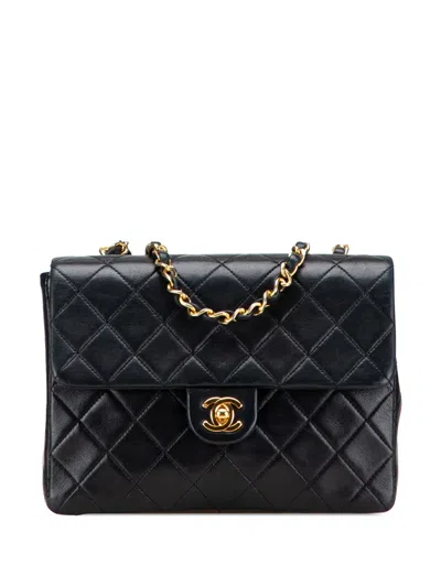 Pre-owned Chanel 1989-1991 Mini Square Quilted Lambskin Single Flap Crossbody Bag In Black